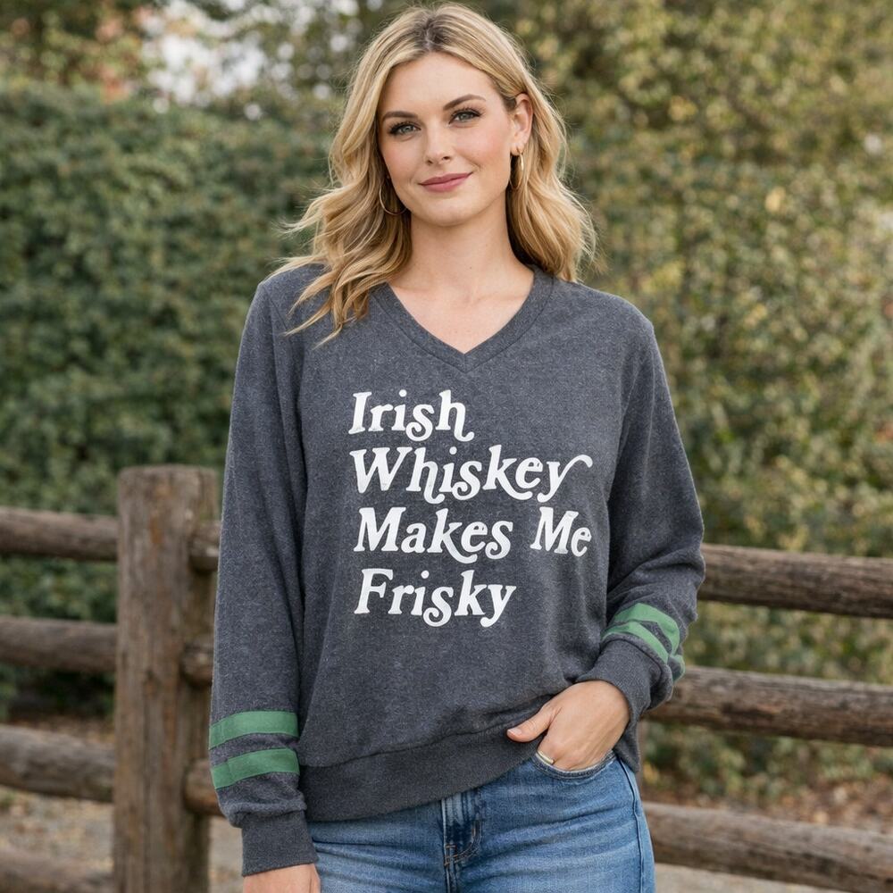 NWOT Wildfox Irish whiskey makes me frisky v neck gray sweatshirt size small